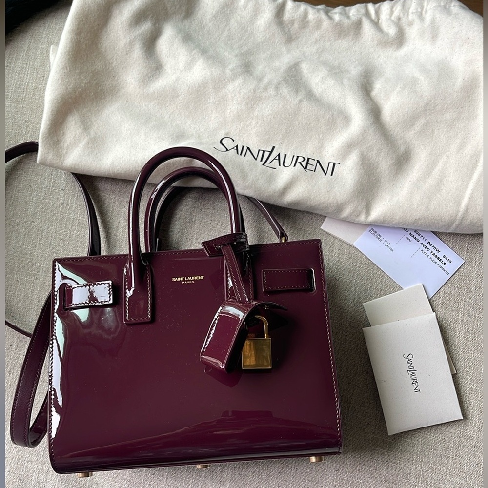 Saint Laurent Sac De Jour Nano in Patent Leather - Dark Red Wine